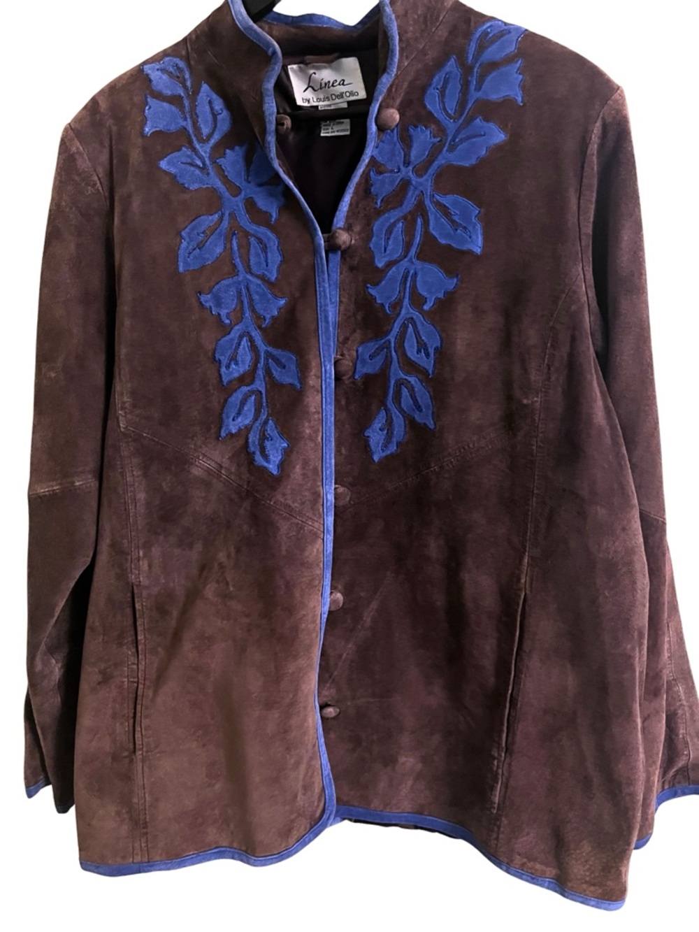Vintage Brown Suede Jacket with Blue Embroidered Trim
